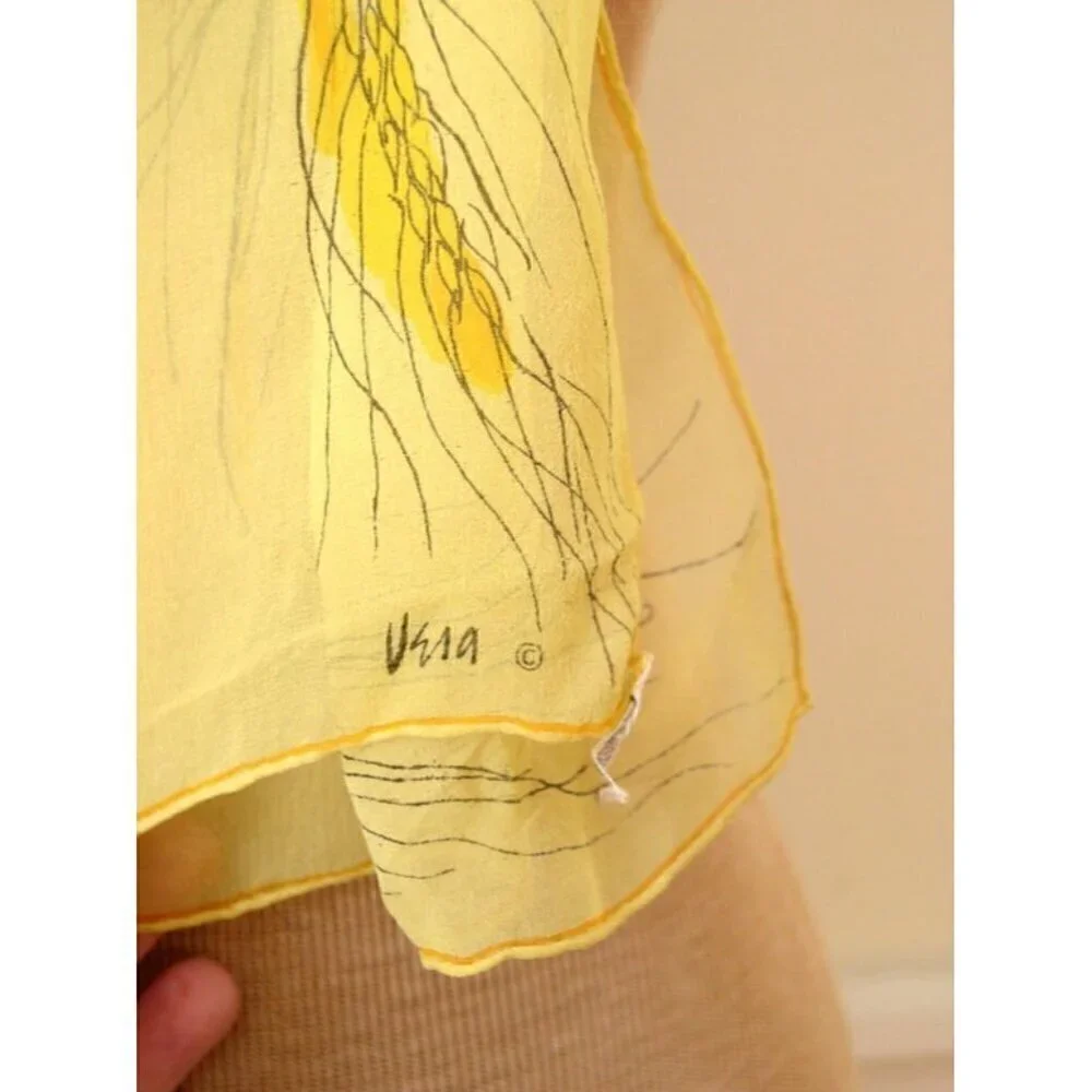 Vintage 1960's Vera Silk Chiffon Scarf Fields of Gold Yellow Signed Hand Rolled